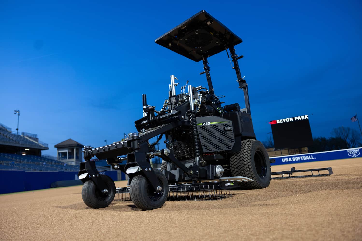 ABI POWERVISOR powered by CoolTops on a Force Z-23 in the center of a Devon Park softball field diamond low front angle view in the evening